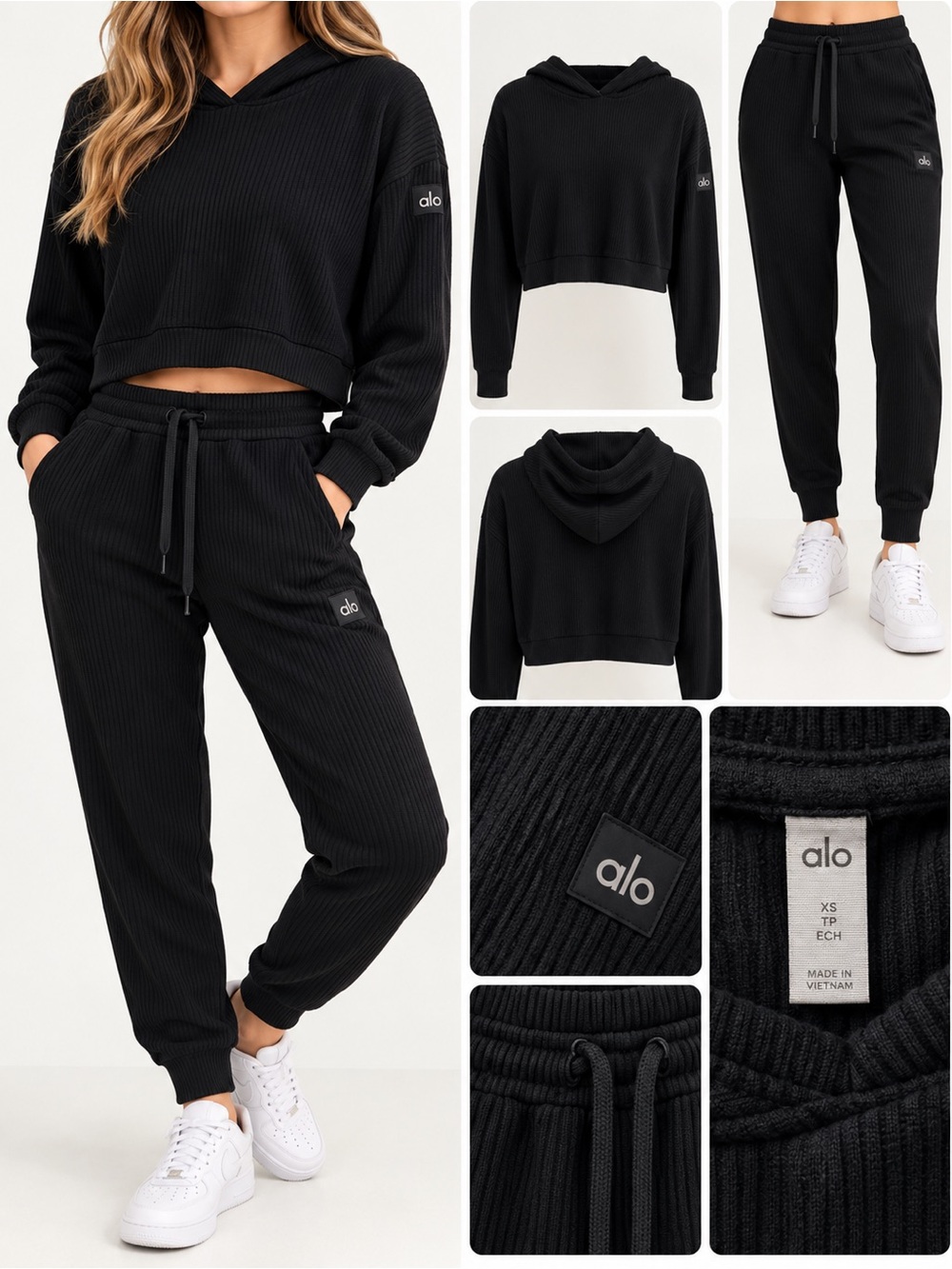 ALO Yoga Kids Black Ribbed Hoodie & Joggers Set